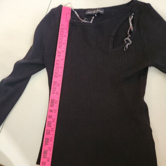 Almost Famous Black Ribbed Long Sleeve Cutout Top Medium - Picture 8 of 9